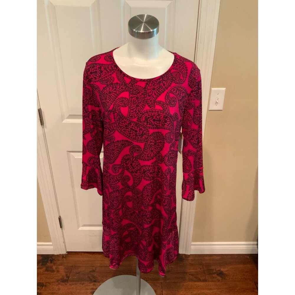 Michael Kors Dark Pink & Black Floral Paisley Dress W/ Bell Sleeves, Size L